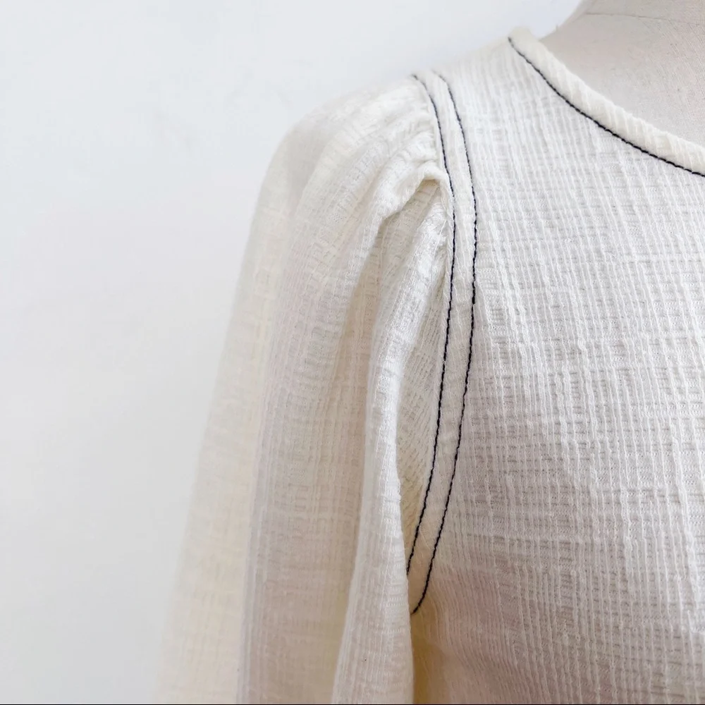 Anthropologie White 3/4 Puff Sleeve Light Cotton Blend Top Blouse Sz XS